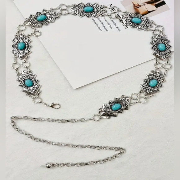 2/$40 NEW Western Coastal Cowgirl Silver and Turquoise Chain Obi Belt-(#0160) - Picture 2 of 4